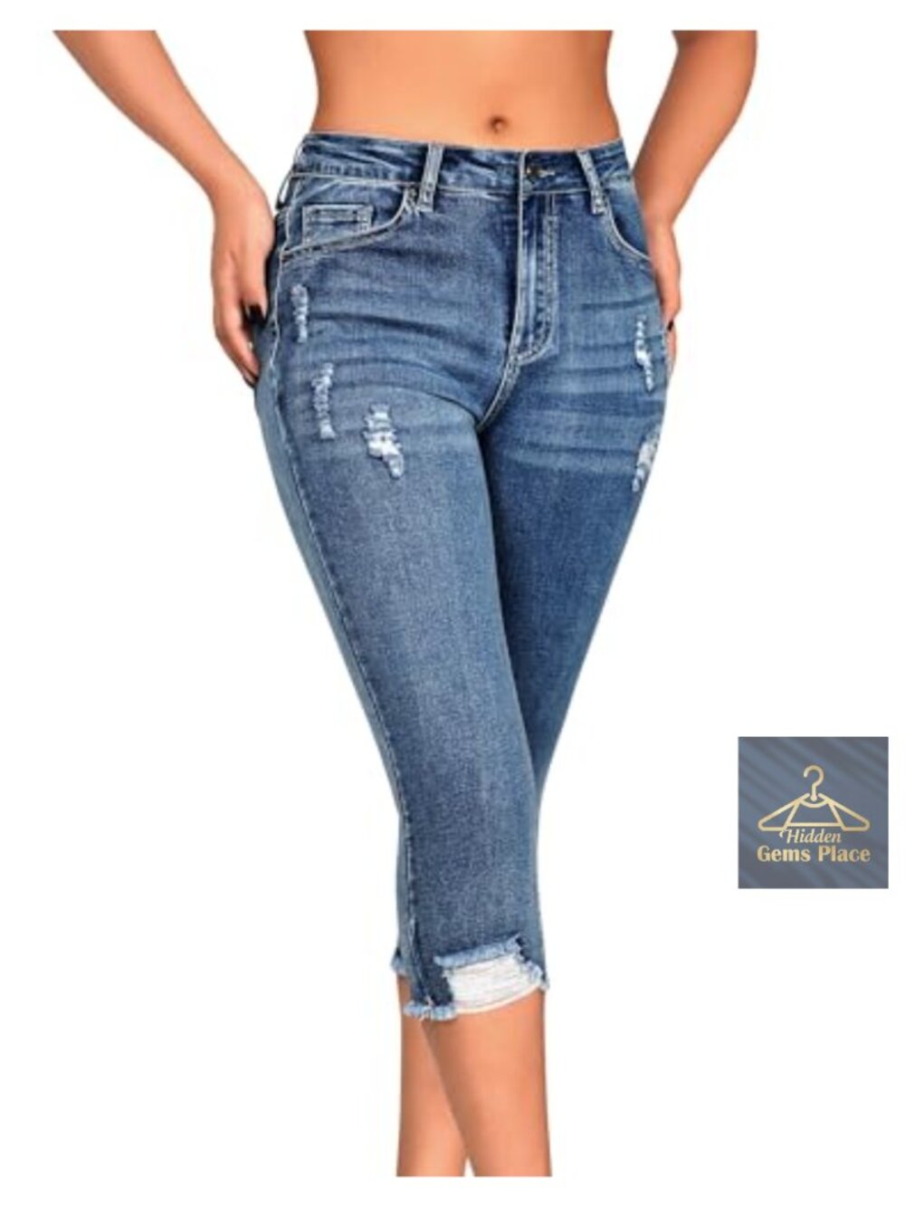 Mid Rise Skinny Capri Jeans Ripped Distressed Stretch Denim Cropped